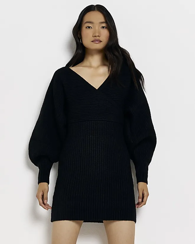 River Island long sleeve jumper mini dress Black Clearance