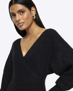River Island long sleeve jumper mini dress Black Clearance