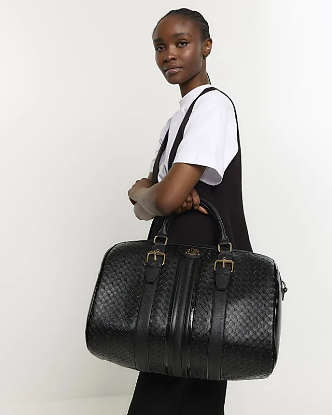 River Island medium embossed RI monogram travel bag Black Online