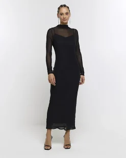 River Island mesh bodycon maxi dress Black New