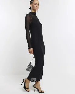 River Island mesh bodycon maxi dress Black New