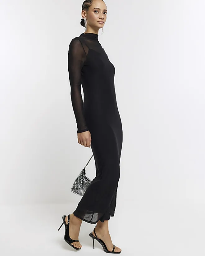 River Island mesh bodycon maxi dress Black New