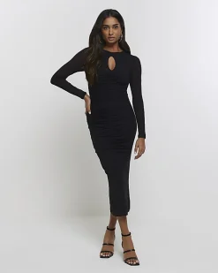 River Island mesh cut out bodycon midi dress Black Clearance