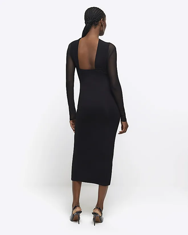 River Island mesh open back bodycon midi dress Black Sale