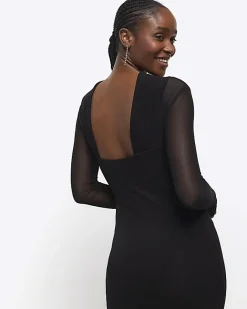 River Island mesh open back bodycon midi dress Black Sale