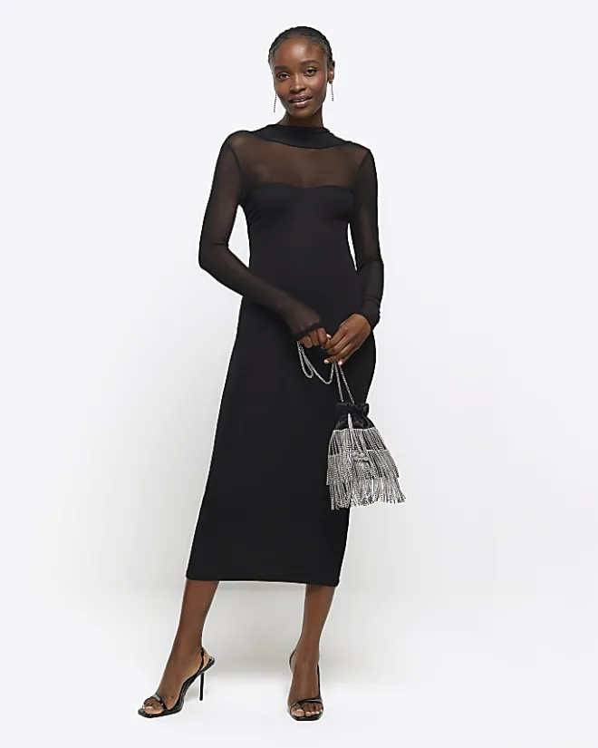 River Island mesh open back bodycon midi dress Black Sale