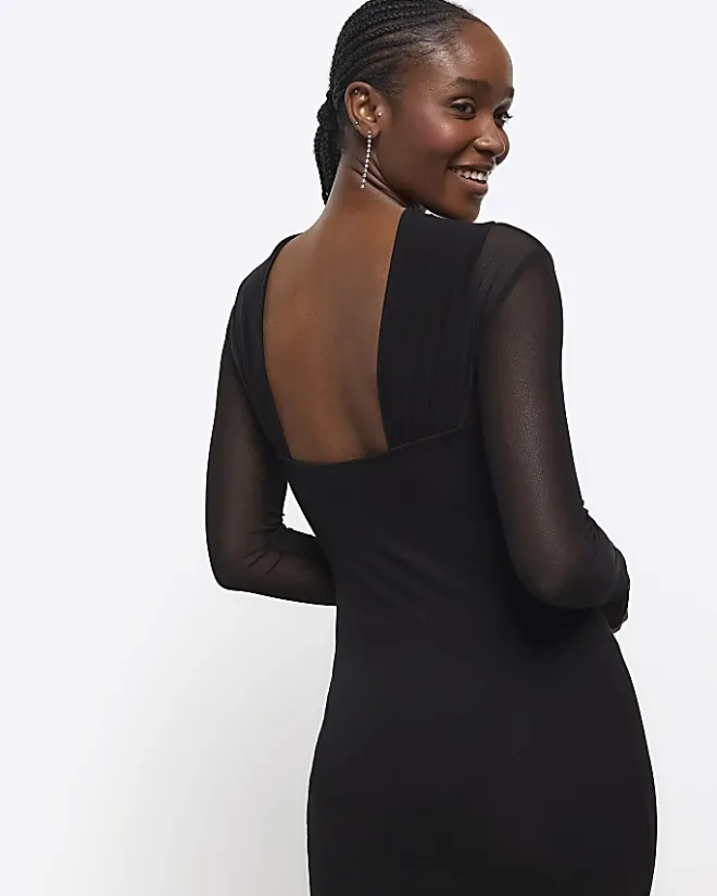 River Island mesh open back bodycon midi dress Black Sale