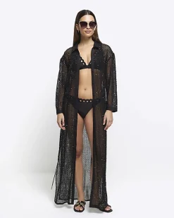 River Island mesh sequin beach maxi shirt dress Black Clearance