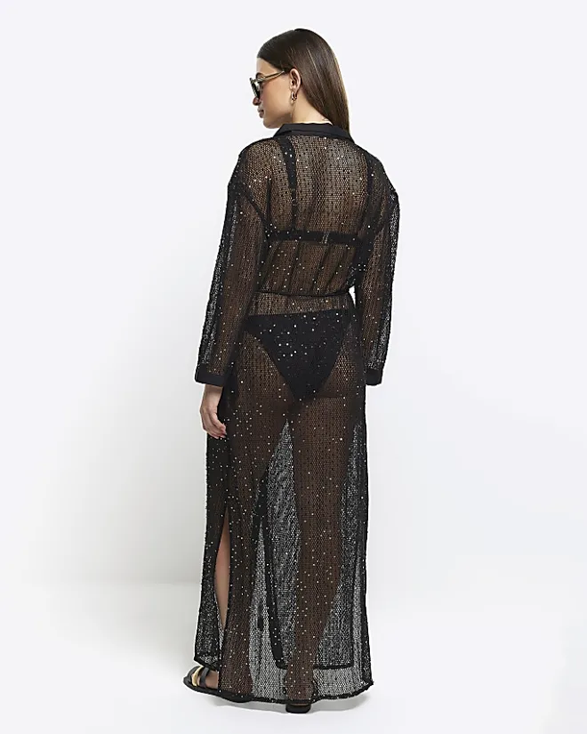 River Island mesh sequin beach maxi shirt dress Black Clearance