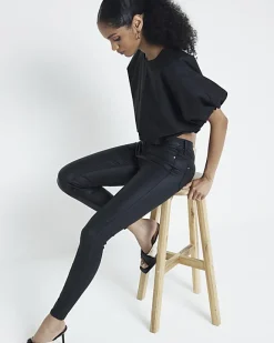 River Island mid rise skinny coated jeans Black Sale
