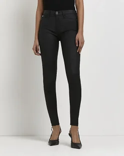 River Island Molly coated mid rise skinny jeans Black Outlet