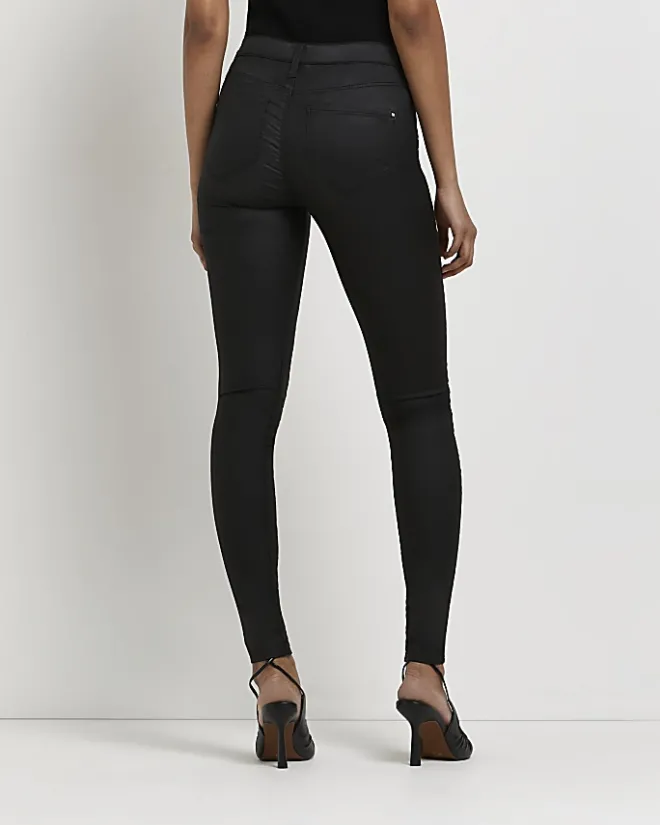 River Island Molly coated mid rise skinny jeans Black Outlet