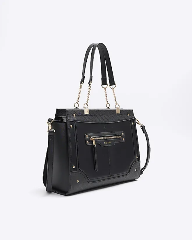 River Island monogram panel zip tote bag Black Sale