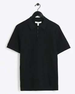 River Island muscle fit knitted half zip polo Black Best