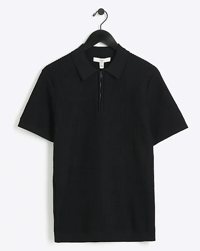 River Island muscle fit knitted half zip polo Black Best