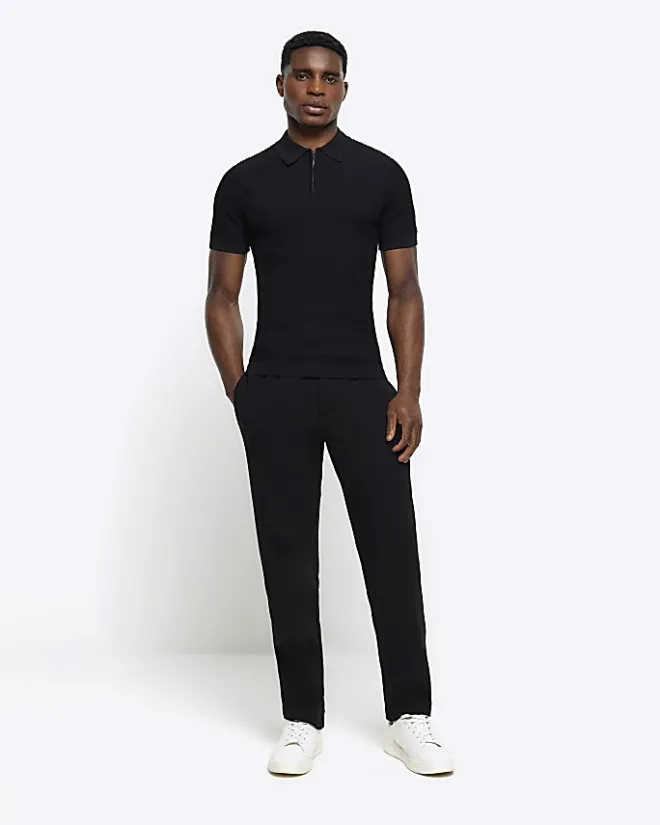 River Island muscle fit knitted half zip polo Black Best