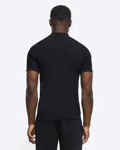 River Island muscle fit knitted half zip polo Black Best