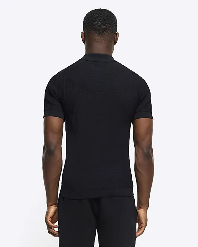 River Island muscle fit knitted half zip polo Black Best