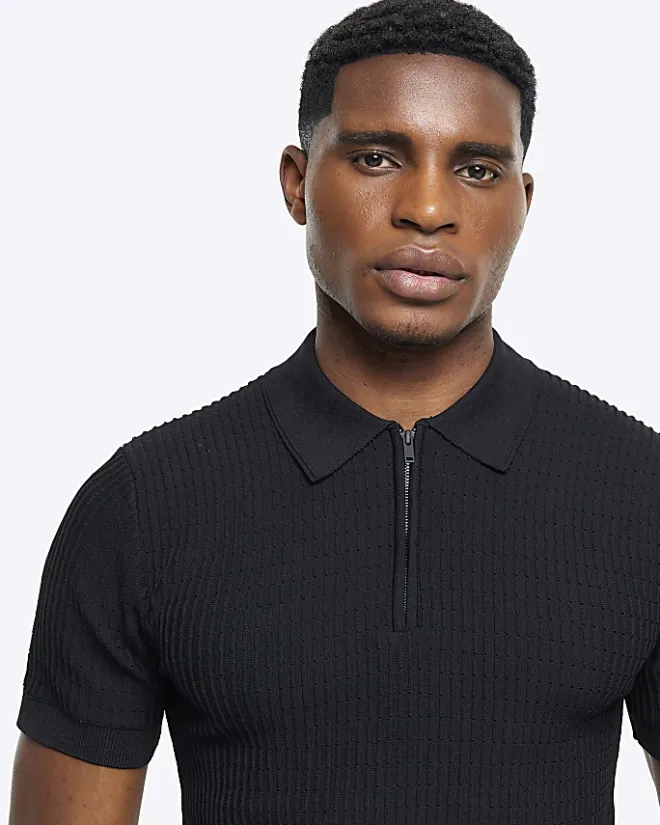 River Island muscle fit knitted half zip polo Black Best