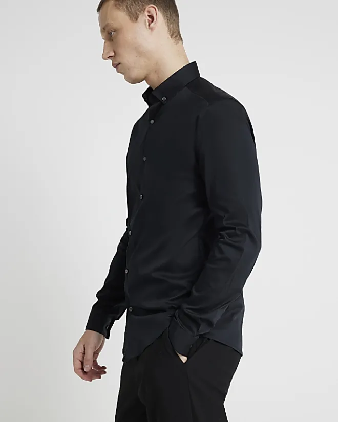 River Island muscle fit long sleeve shirt Black Best