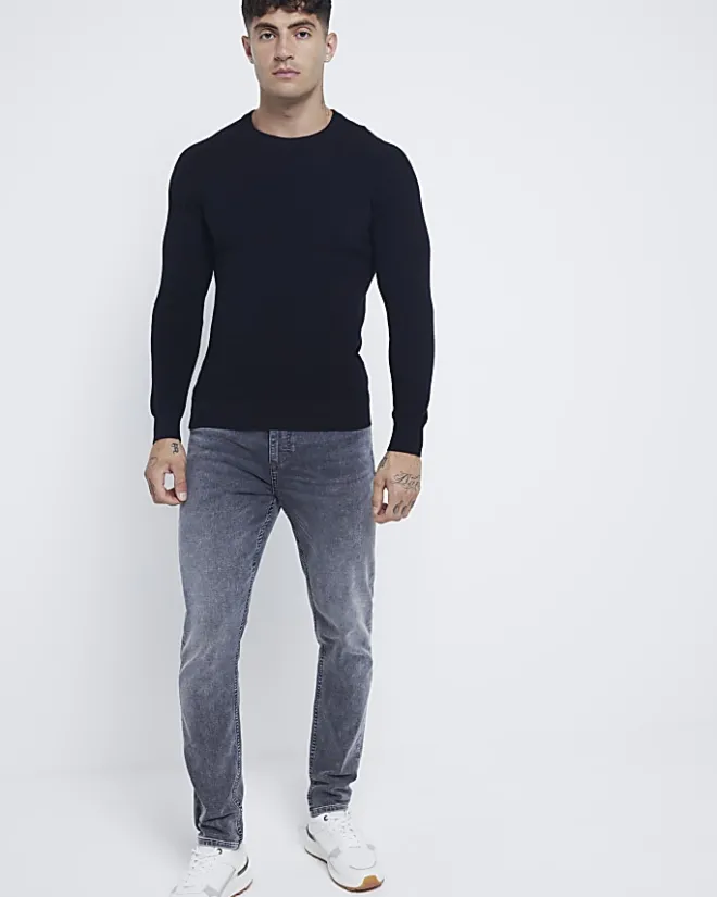 River Island muscle fit rib jumper Black Outlet