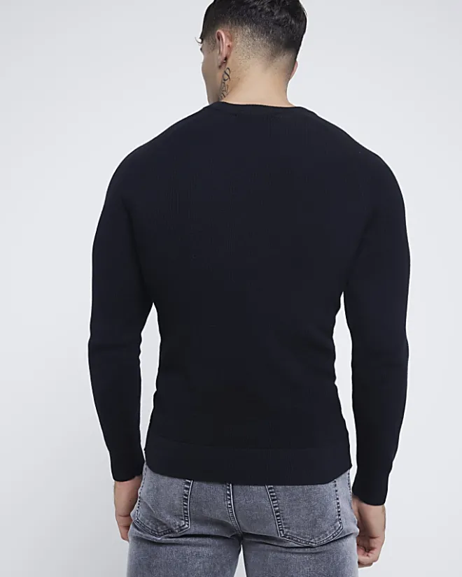 River Island muscle fit rib jumper Black Outlet
