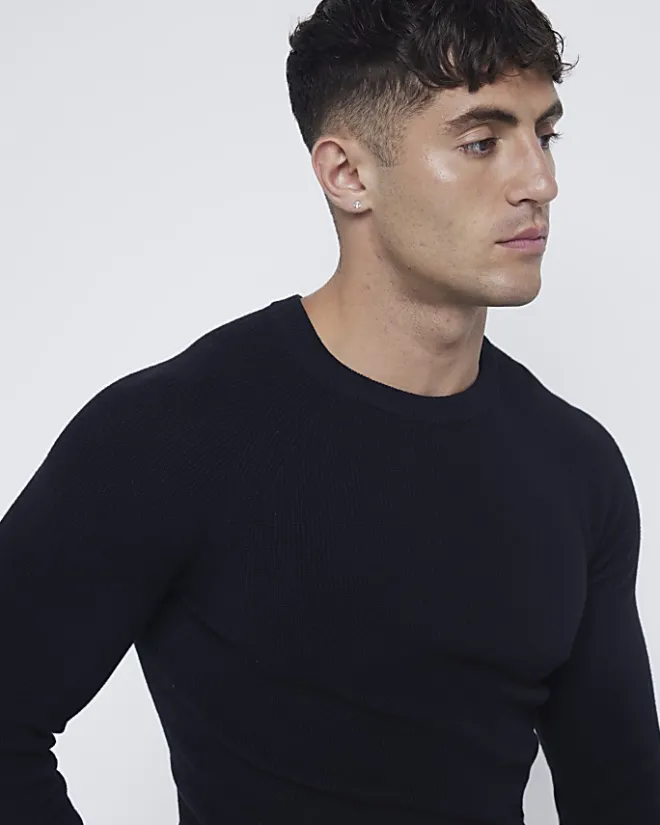 River Island muscle fit rib jumper Black Outlet