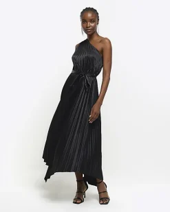 River Island pleated asymmetric midi dress Black Discount