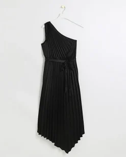 River Island pleated asymmetric midi dress Black Discount