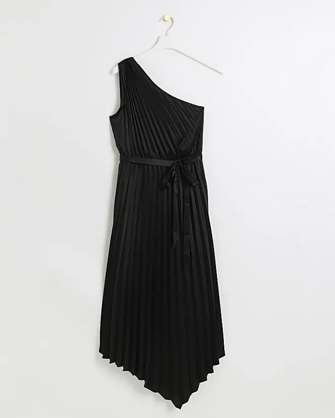 River Island pleated asymmetric midi dress Black Discount