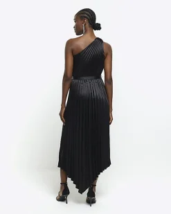 River Island pleated asymmetric midi dress Black Discount