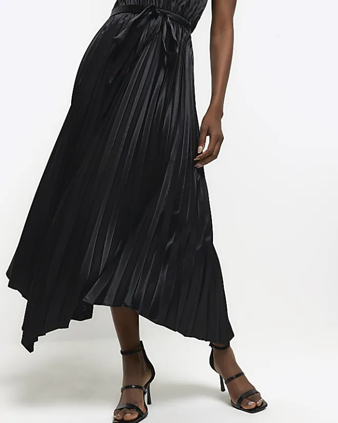 River Island pleated asymmetric midi dress Black Discount