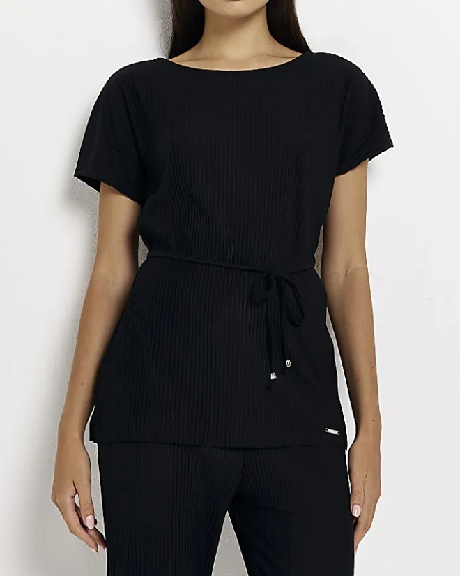 River Island plisse belted top Black Hot