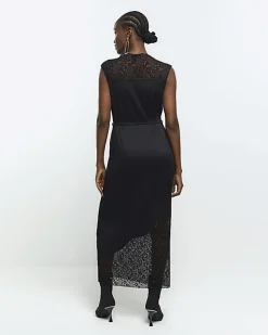 River Island plisse lace slip midi dress Black Outlet