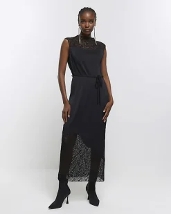 River Island plisse lace slip midi dress Black Outlet