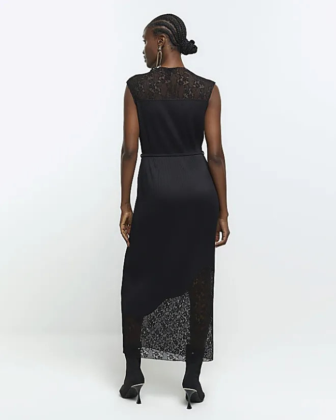 River Island plisse lace slip midi dress Black Outlet