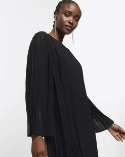 River Island plisse long sleeve shift mini dress Black New