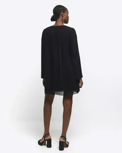 River Island plisse long sleeve shift mini dress Black New
