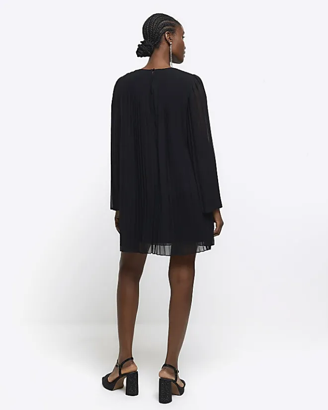 River Island plisse long sleeve shift mini dress Black New