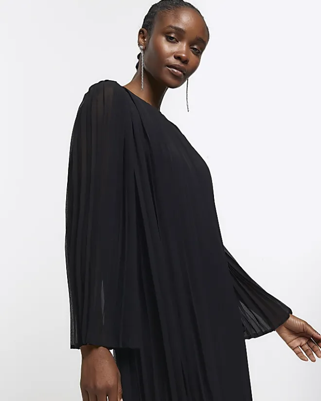 River Island plisse long sleeve shift mini dress Black New