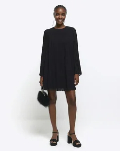 River Island plisse long sleeve shift mini dress Black New