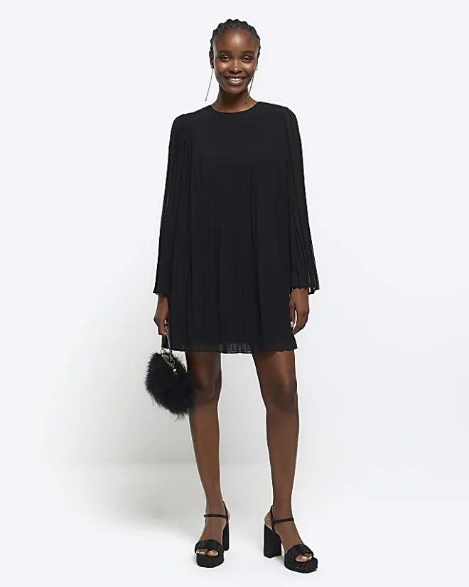River Island plisse long sleeve shift mini dress Black New