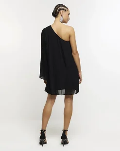 River Island plisse one shoulder shift mini dress Black Best