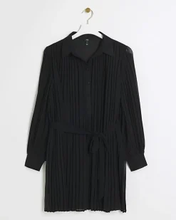 River Island plisse tie waist mini shirt dress Black Online