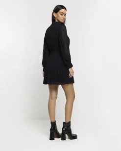 River Island plisse tie waist mini shirt dress Black Online