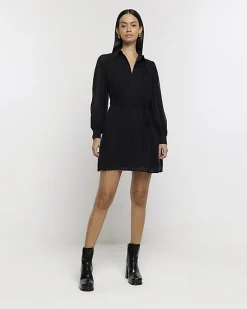 River Island plisse tie waist mini shirt dress Black Online