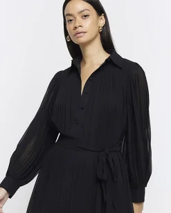 River Island plisse tie waist mini shirt dress Black Online