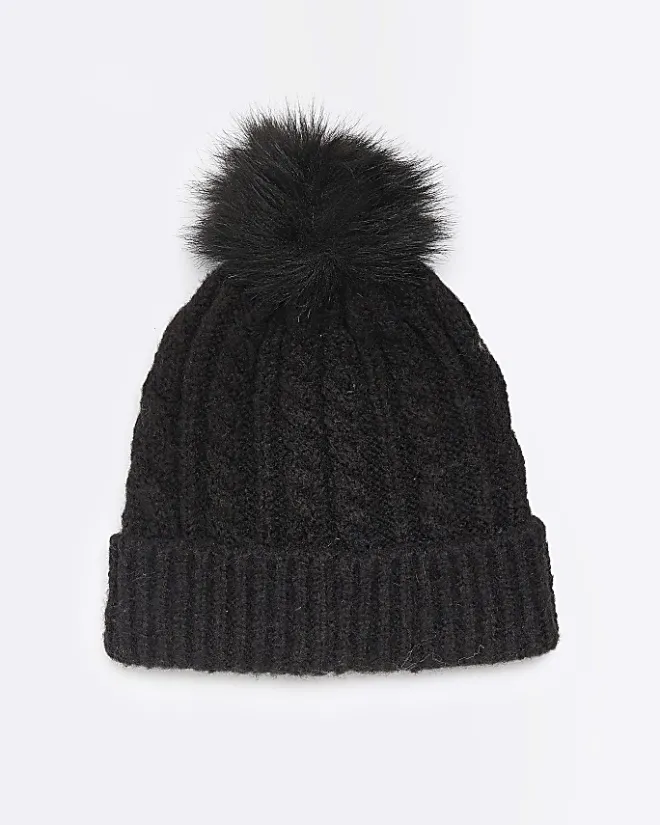 River Island pom pom cable knit beanie hat Black Sale