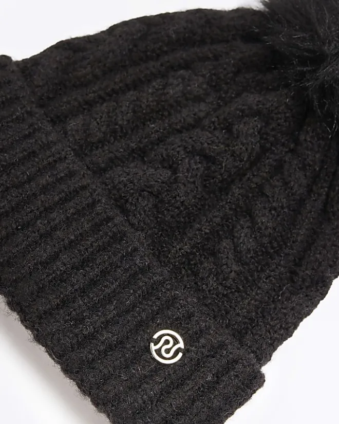 River Island pom pom cable knit beanie hat Black Sale