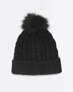 River Island pom pom cable knit beanie hat Black Sale